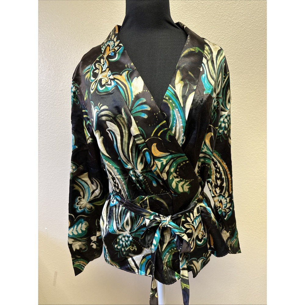 Etro Milano Wool Silk Belted Wrap Blouse EU 46 US L/XL Multi Color Classy - Picture 2 of 11